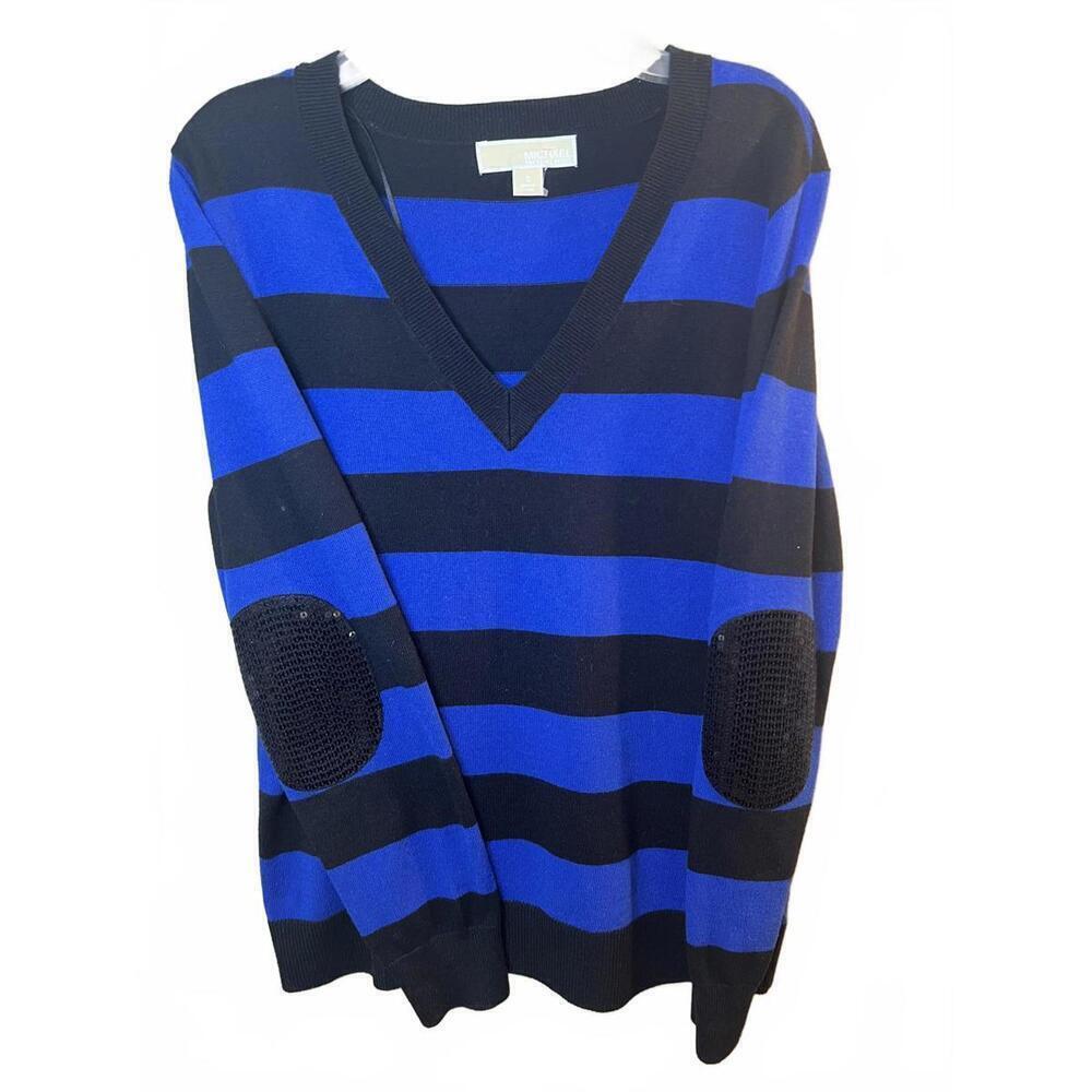 Michael Kors Women's Striped V-Neck Sweater Sequin Elbow Patches Size Small